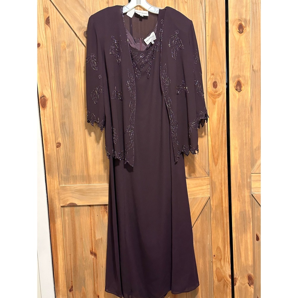 Davids Bridal Plum Purple Beaded Dress and Jacket Set Plus Size 18WP Formal Maxi